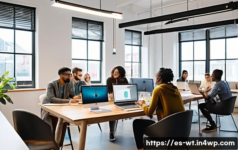 오픈소스 기여를 통해 배우는 기술 - **Prompt:** A vibrant, sunlit co-working space bustling with a diverse group of young adults and adu...