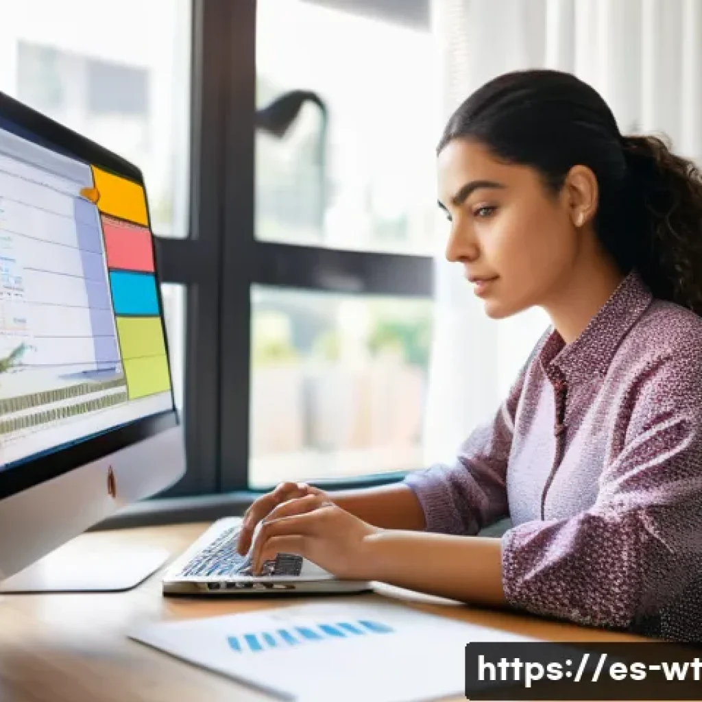 오픈소스 기여를 위한 시간 관리 팁 - A focused young Hispanic woman sitting at a modern desk in a cozy home office, using a laptop with m...