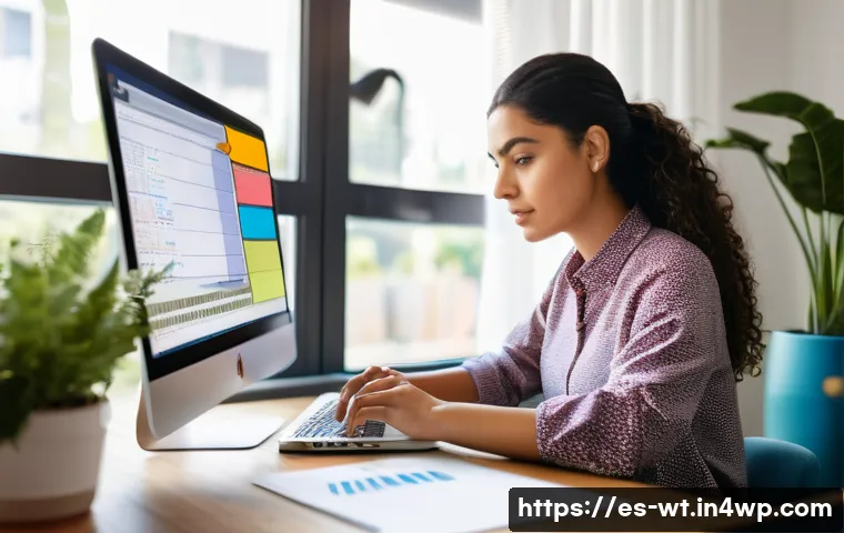 오픈소스 기여를 위한 시간 관리 팁 - A focused young Hispanic woman sitting at a modern desk in a cozy home office, using a laptop with m...