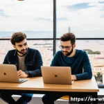 Home 20 오픈소스 기여를 위한 멘토십 프로그램 활용법 - A professional mentoring session scene set in a modern coworking space in Spain, featuring a diverse...
