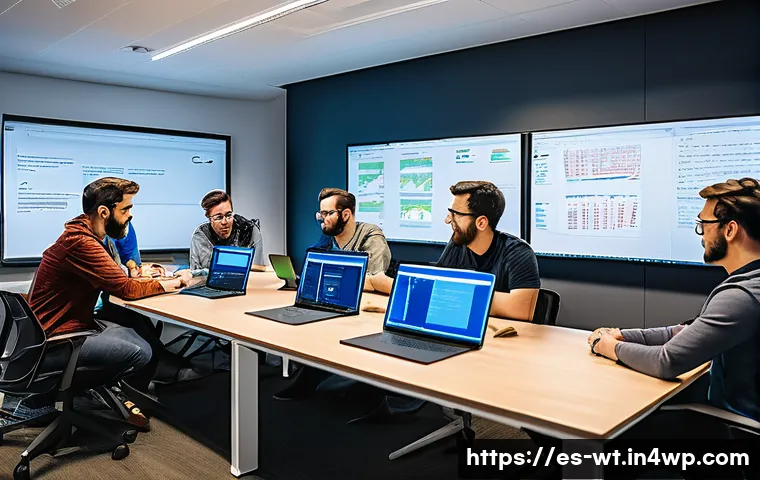 오픈소스 프로젝트의 코드 품질 관리 - A professional open source development team collaborating in a modern office environment, diverse gr...