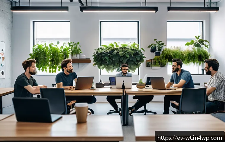 오픈소스 기여자의 지속적인 개발 및 학습 - A modern tech workspace showing a diverse group of software developers collaborating remotely via la...